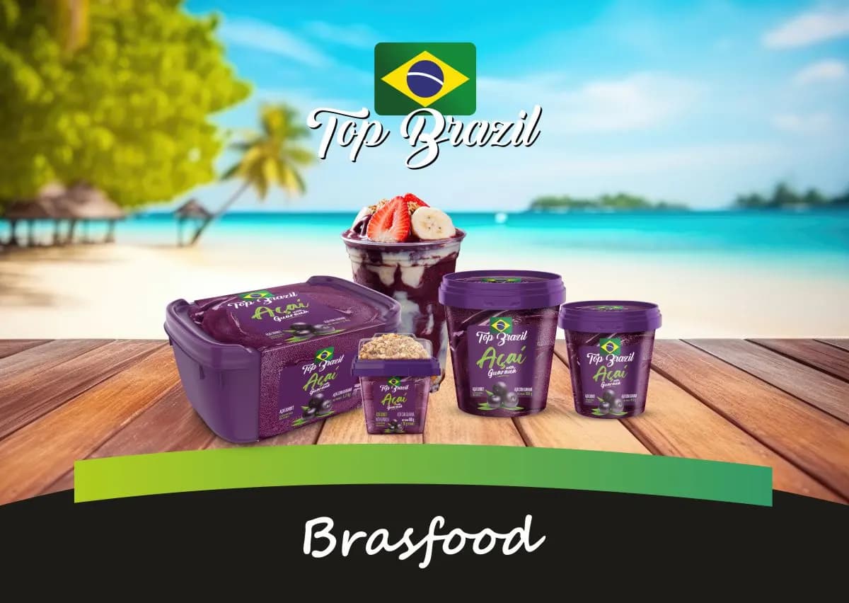 Brasfood catalogue cover: açaí tubs on a beach table