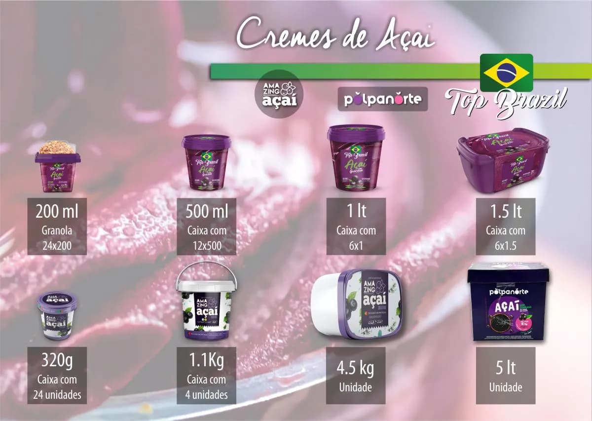 Açaí cream tubs in several sizes