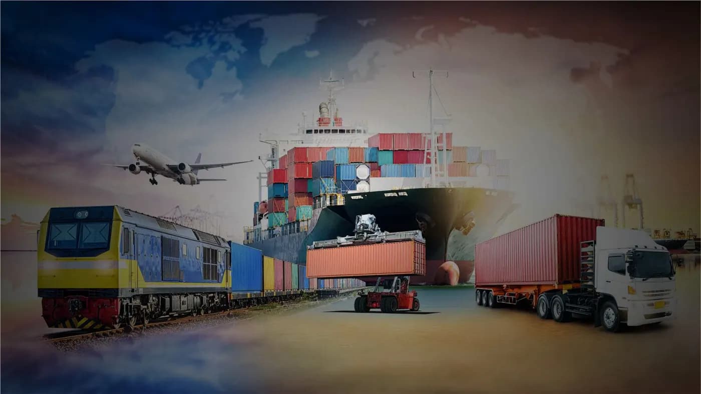 Ship, train and lorries moving freight